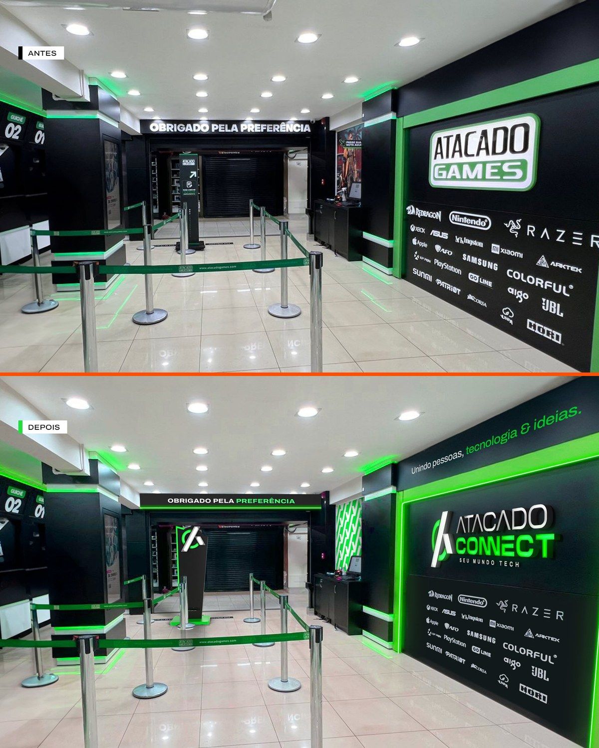 Antes e depois da entrada da loja: a marca antiga Atacado Games em cima e a nova Atacado Connect embaixo