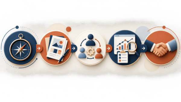 Infográfico com cinco critérios para avaliar uma agência de branding: estratégia, portfólio, processo, critérios de sucesso e parceria.